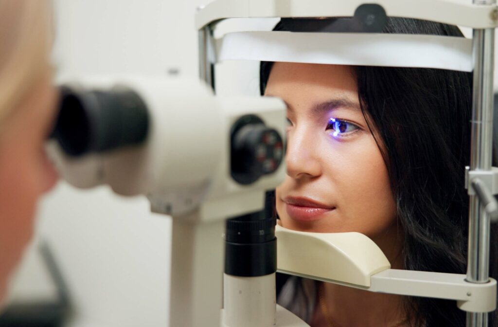 A patient during an eye exam to be fitted for Neurolenses by an eye care professional.