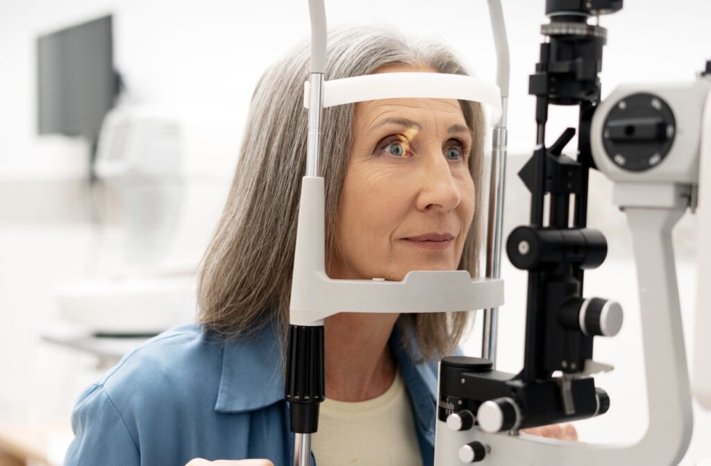 A senior person getting a slit lamp eye test done during an eye exam
