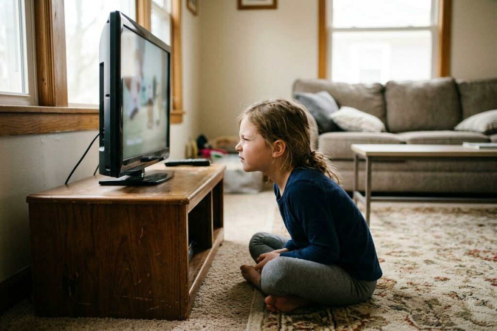 Child sitting cross-legged on a rug, watching a television on a wooden stand in a living room.
