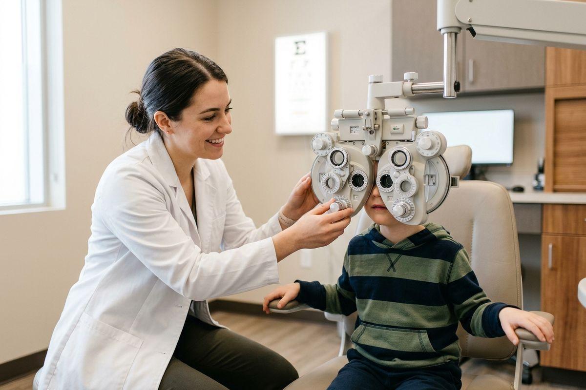 Optometrist adjusts a phoropter for a child during an eye exam, smiling.