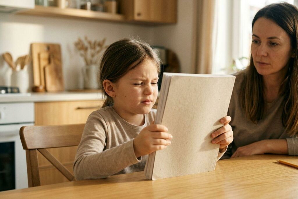 A child squinting at a book held close while sitting at a kitchen table beside an adult watching them.
