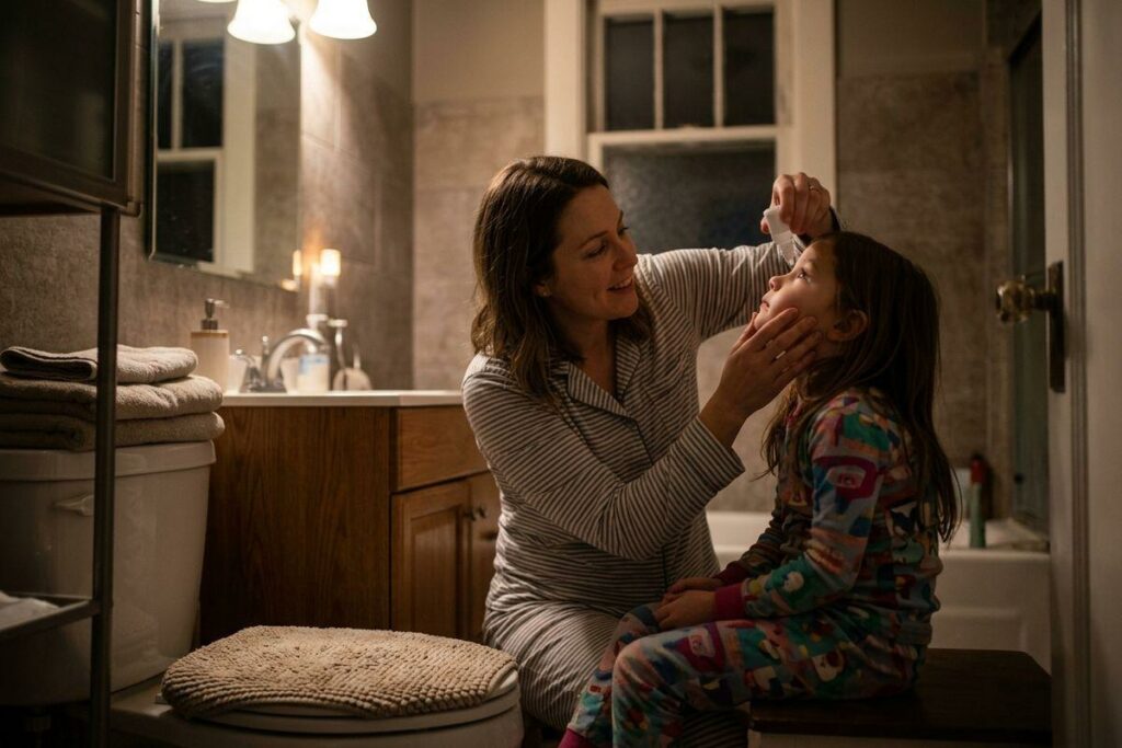 Adult in striped pajamas applies eye drops to a child in patterned pajamas seated in a dimly lit bathroom, both smiling.