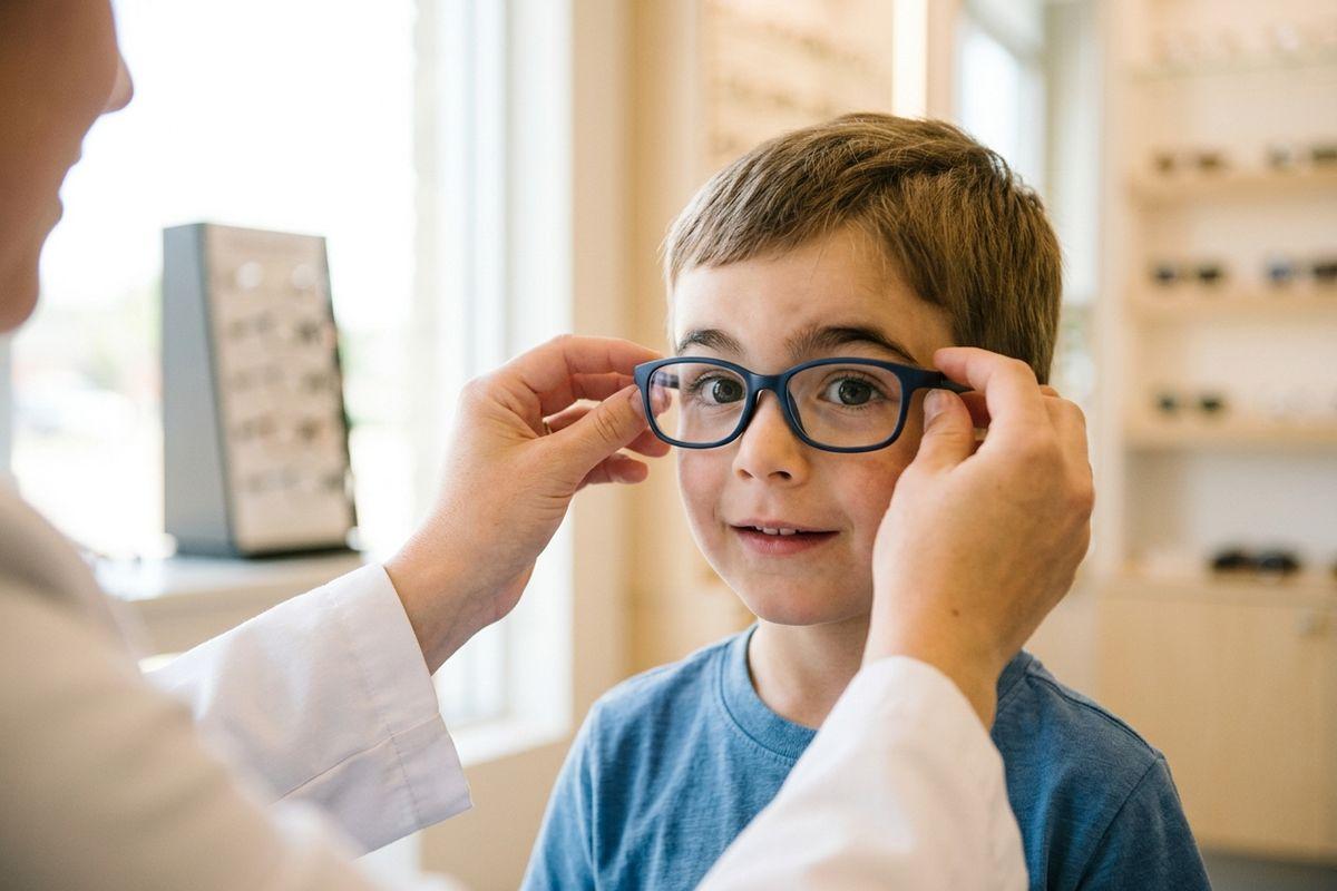 An optometrist fits blue glasses onto a smiling child in an optical shop, with eyewear displays on shelves behind them.