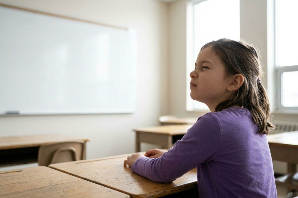 Child in a purple top sits at a wooden classroom desk, squinting toward a whiteboard at the front of the room.