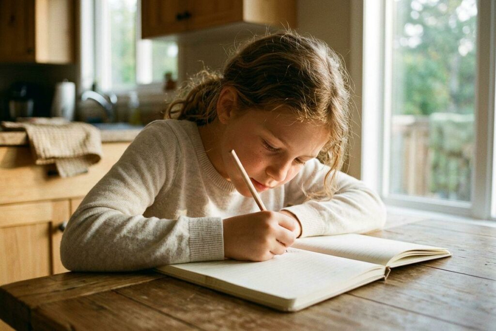 Child writing with a pencil in an open notebook at a wooden kitchen table, focused, with a sunlit window behind.
