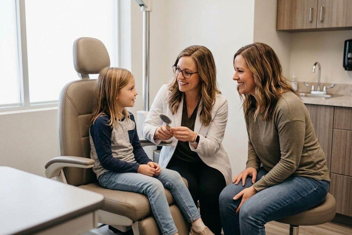 Optometrist smiling and holding an eye occluder while talking with a child seated in an exam chair, with an adult sitting nearby.
