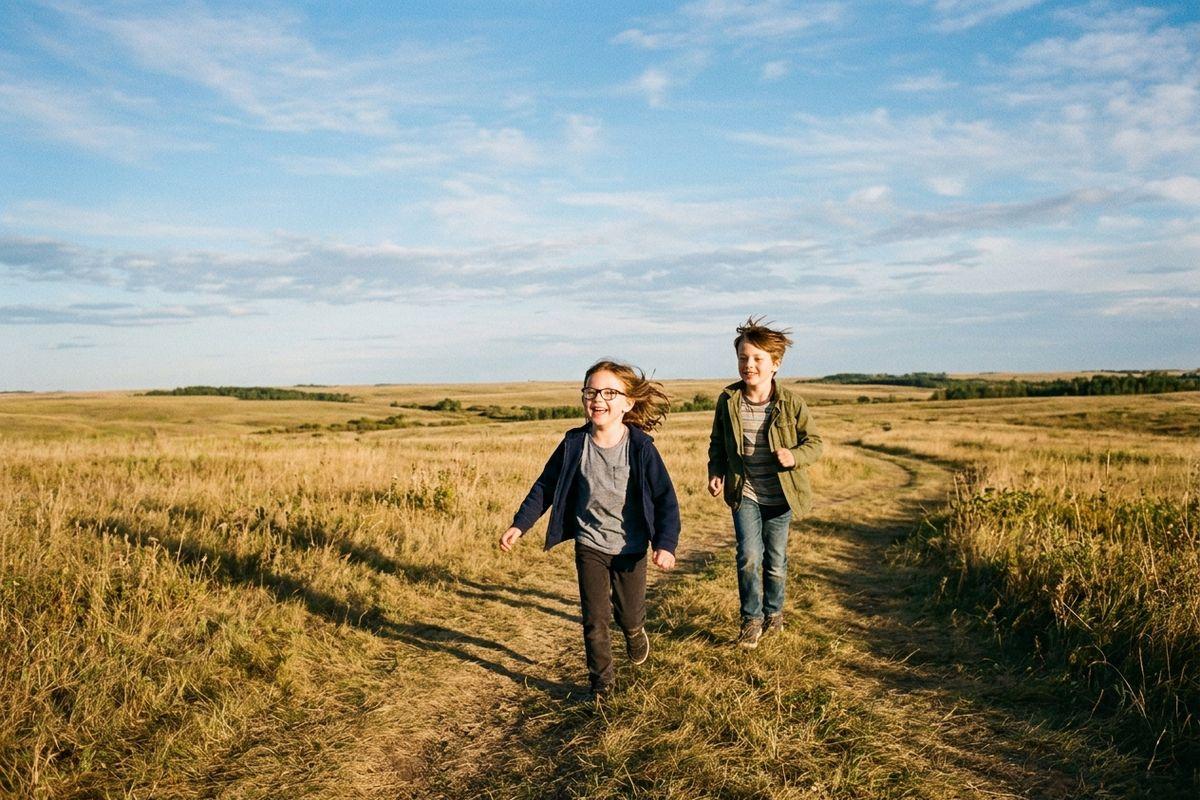 Two children run smiling along a dirt track through an open grassy prairie under a wide blue sky with scattered clouds.
