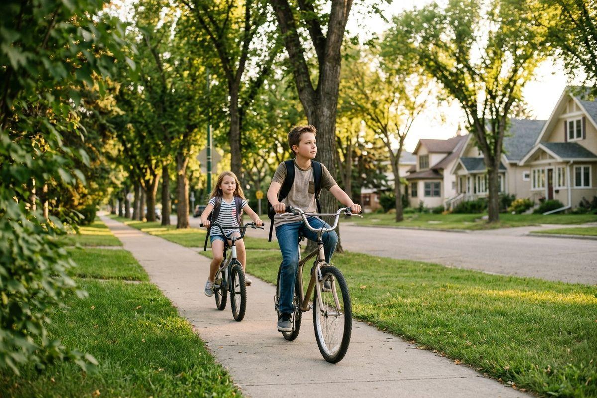 Two children with backpacks ride bikes along a tree-lined sidewalk in a residential neighborhood with houses and a street on the right.