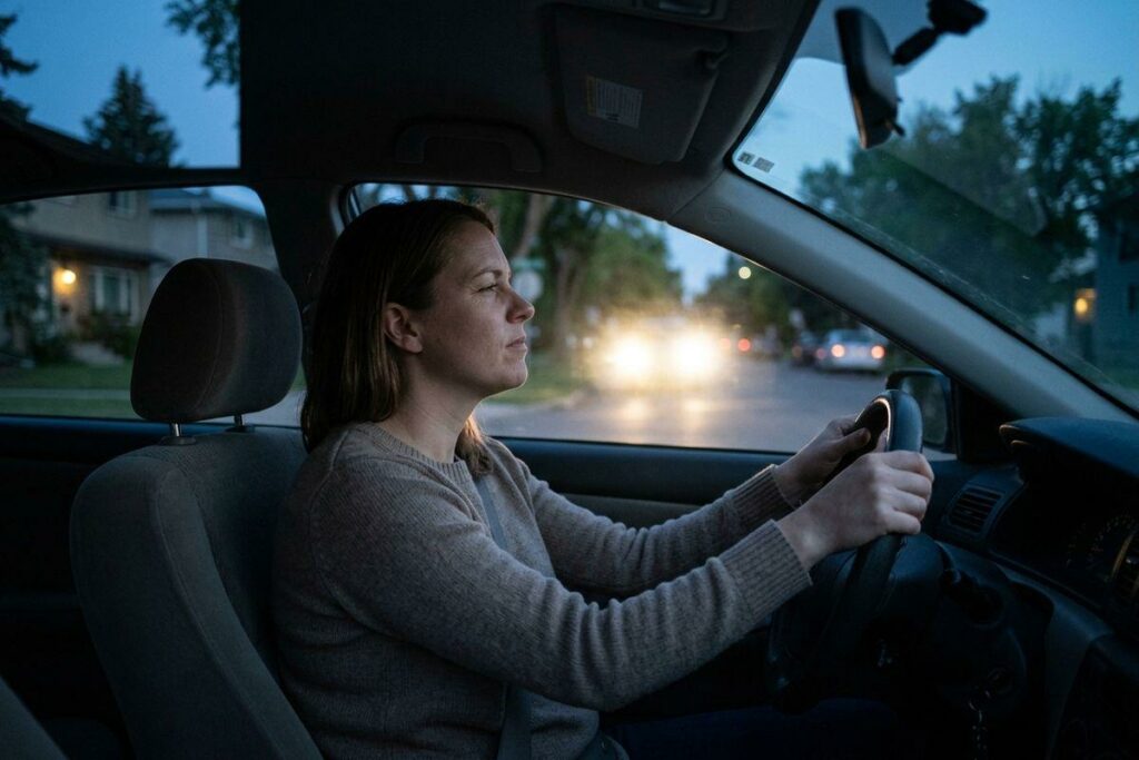 An adult driving a car at dusk, both hands on the wheel, looking ahead on a residential street.