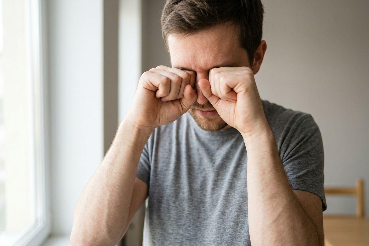 An adult in a grey T-shirt rubbing both eyes with fists, head tilted down, standing indoors beside a bright window.