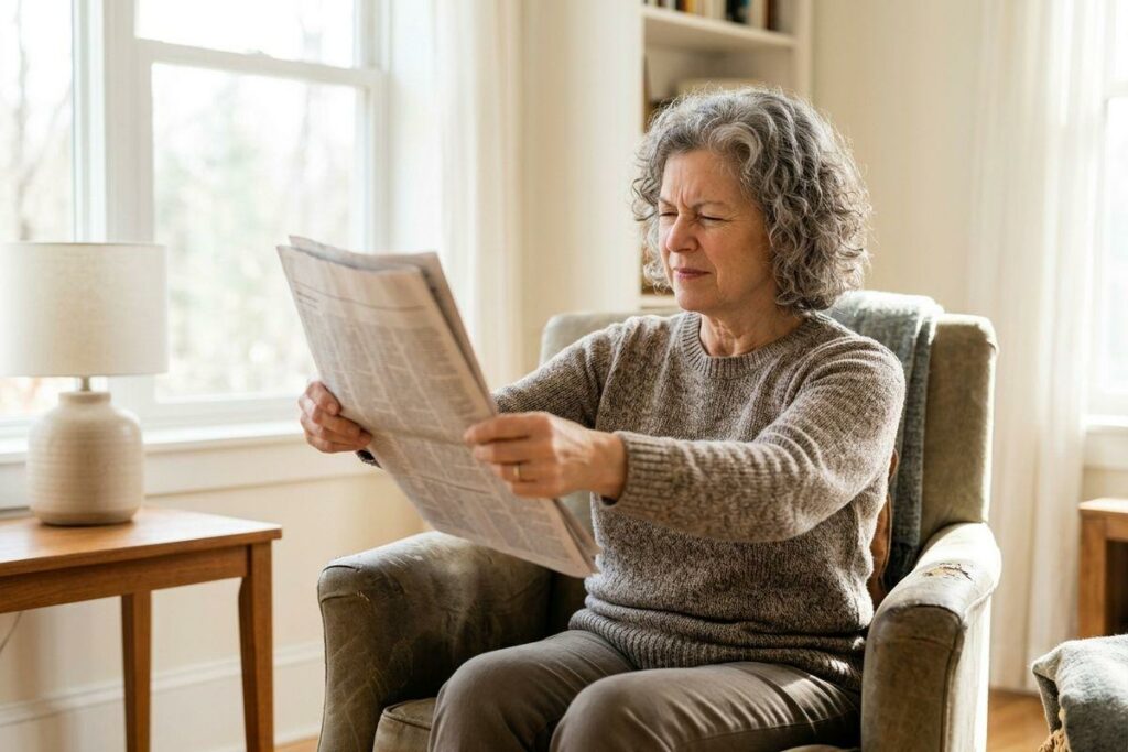 An older adult sits in an armchair by a window, squinting while holding a newspaper at arm's length.