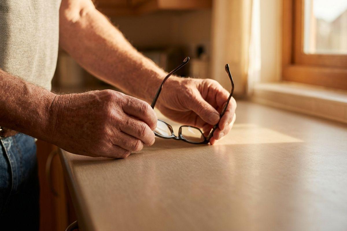 Close-up of an older adult's hands holding a pair of eyeglasses on a kitchen counter near a sunlit window.